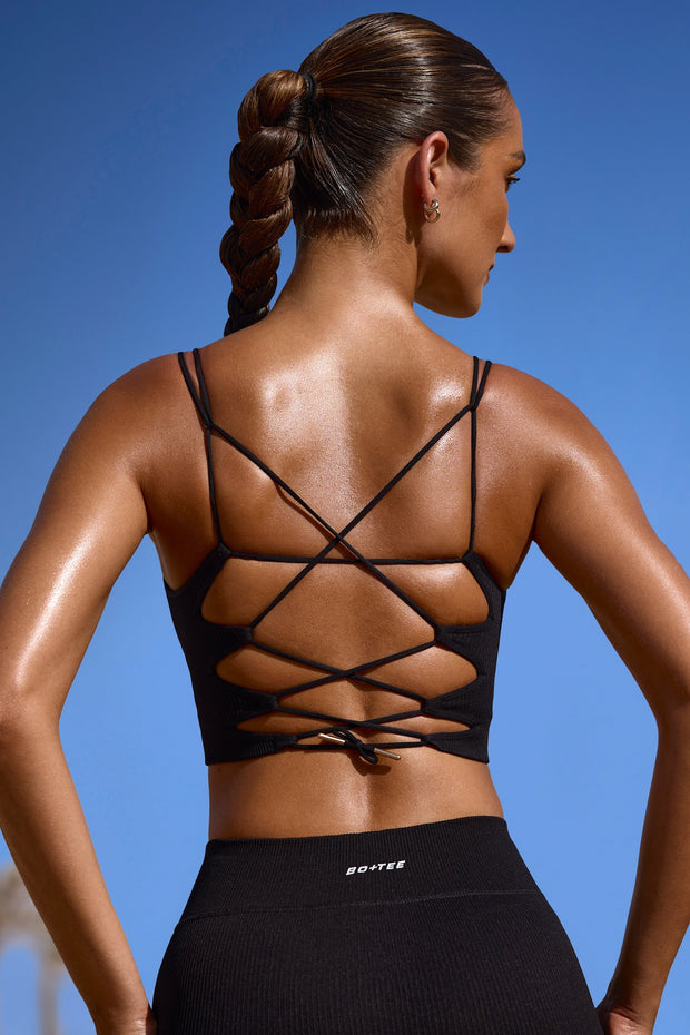 Accomplish - Plunge Neck Open Back FlexiRib Sports Bra in Black